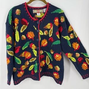 Cardigan Bay vintage hand-knitted button-up sweater  novelty autumn-themed  M